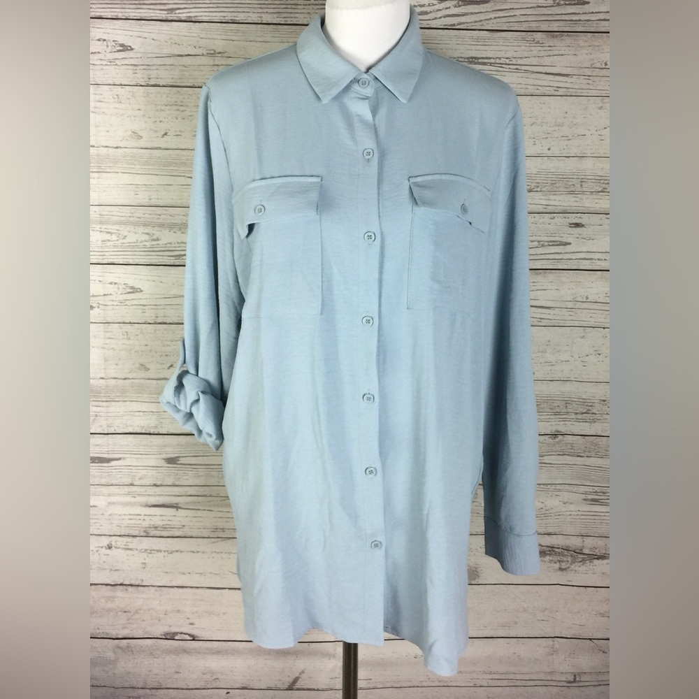 Hilary Radley Women's Light Blue Roll Tab Long Sleeve Button Front Blouse